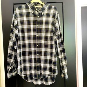 Consensus Navy/Green/White Plaid Men’s Long Sleeve Shirt w/Yellow Stripes.Size L